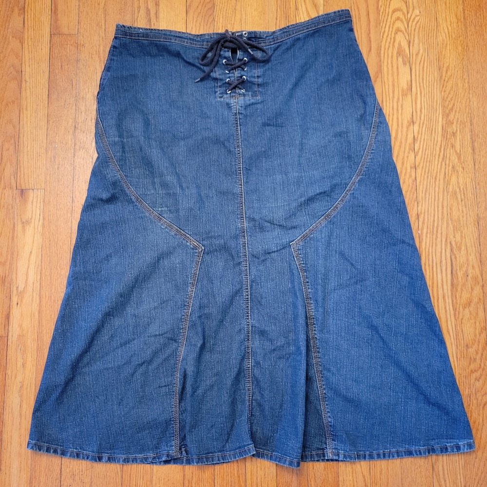 Zoey Beth Plus 1X Denim Maxi Skirt Lace Up Corset‎ Waist Back Slit Modest Grunge